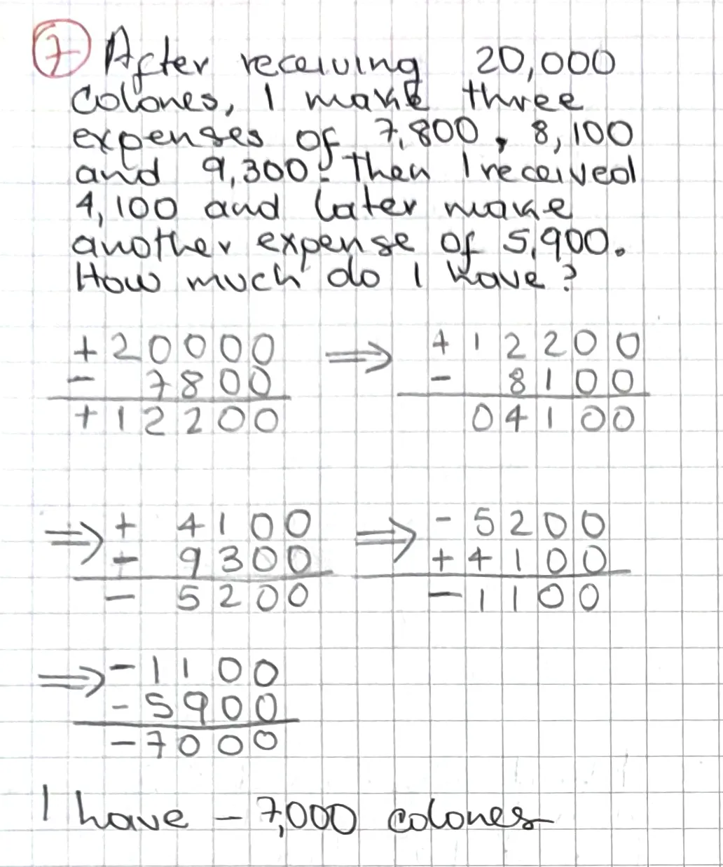 Exercise 7: Positive and Negative Quantities 1, hand-written solution