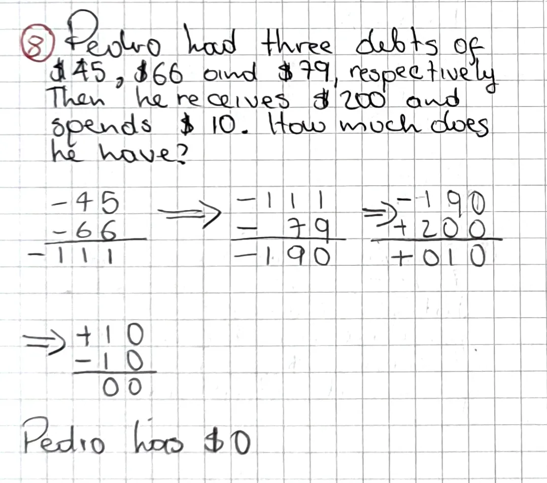 Exercise 8: Positive and Negative Quantities 1, hand-written solution