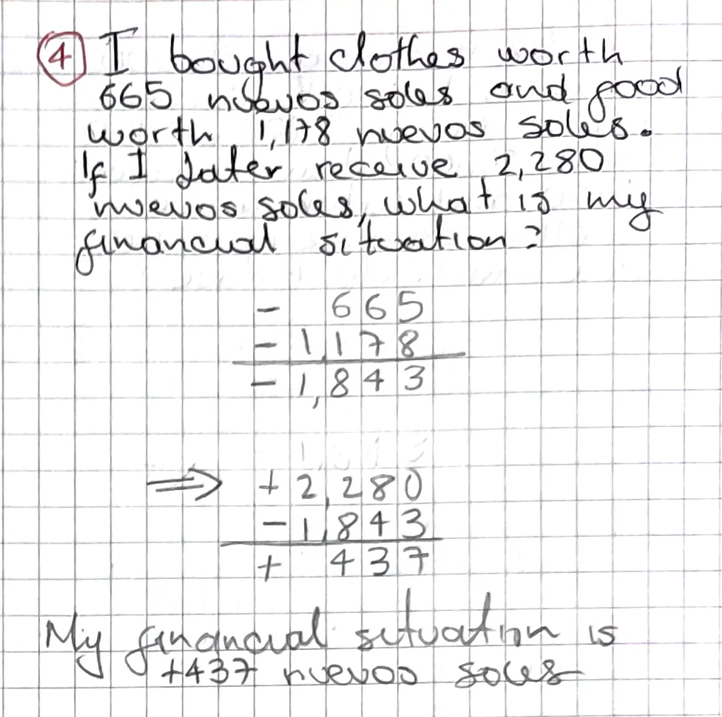 Exercise 4: Positive and Negative Quantities 1, hand-written solution